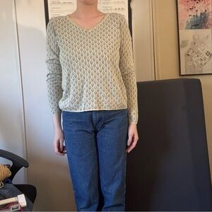 Cream and gray Patterned V‑Neck Women's silk beaded Sweater